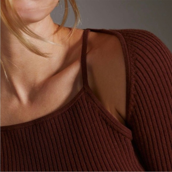 by Anthropologie Brown Ribbed Double Cut Out Knit Sweater Cinnamon Size M - Picture 9 of 15